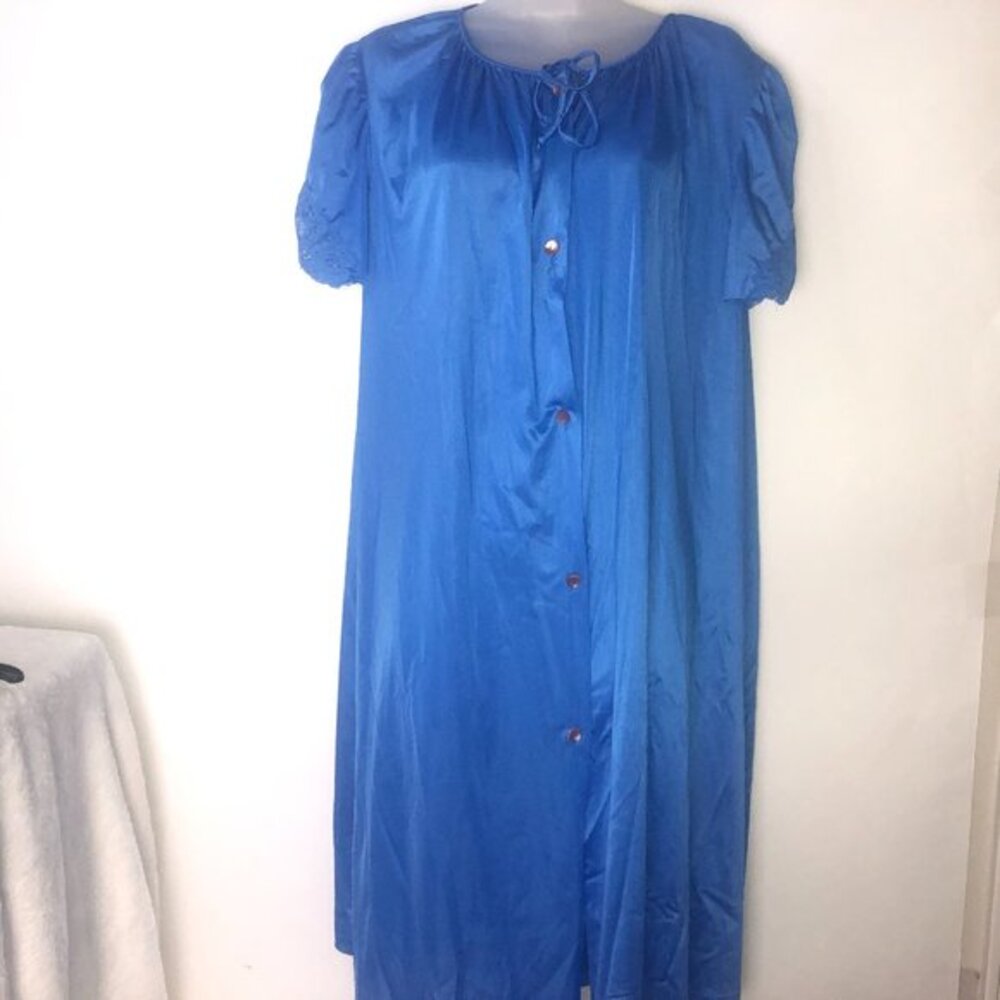 Lorraine Blue Sleep Robe with‎ Lace Sleeves Button Down 1X